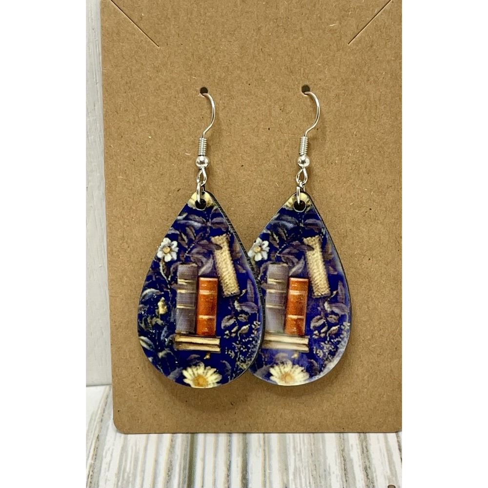 Books Pierced Earrings Teardrop Dangle 2"